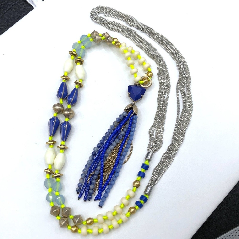 Stella & Dot‎ Beaded Tassel Necklace Azure Removable Pendant Silver Tone Chains